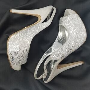 Silver Grey Crystals Formal Stiletto Sling Backs Comfortable Women's Size 8.5 M